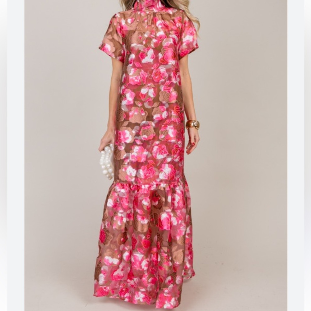 Floral Pink and Brown Maxi Dress - Elegant Women's Summer Dress